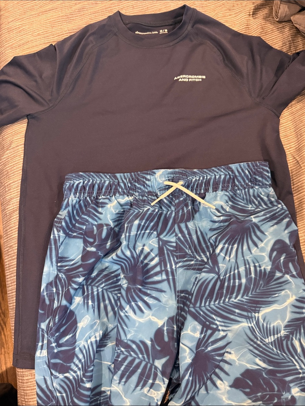 Abercrombie & Fitch Navy Rash Guard with Blue Tropical Swim Shorts